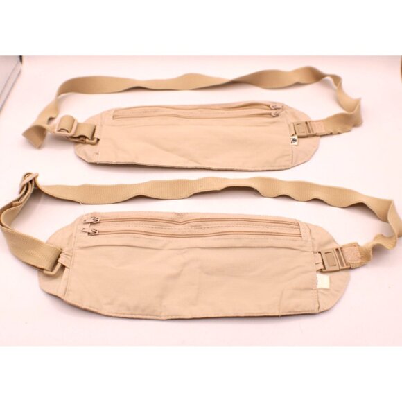 Set 2 Dual Zippered Lightweight Travel Pouch Fanny Pack Belt Bag Khaki Vintage - Picture 1 of 9